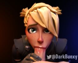 1girls 3d :>= big_penis blonde_hair darkbunxy deep_blowjob deepthroat deepthroat_mark deepthroat_smile eye_contact female fortnite fortnite:_save_the_world freckles green_eyes kneeling light_skin lipstick lipstick_mark lipstick_on_penis looking_at_viewer oral pale-skinned_female pale-skinned_male pale_skin pov red_lipstick saliva sarah_(fortnite) short_hair tagme tight_throat unseen_male_face