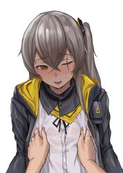 1girls flat_chest girls'_frontline grey_hair groping kuro_(zhurunbo1997) long_hair nipple_tweak one_eye_closed pokies pov saliva_drip scar small_breasts ump45_(girls'_frontline) white_background white_shirt