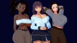 3d 3girls ayukawa_miyuki bare_shoulders basquash! big_breasts black_hair brown_eyes brown_hair cleavage curvaceous curvy dark-skinned_female erect_nipples erect_nipples_under_clothes female_only hands_behind_head hourglass_figure huge_breasts koikatsu large_ass large_breasts looking_at_viewer miyuki_ayukawa navel patreon pinup purple_eyes red_eyes revealing_clothes rey runa_(takeo92) sideboob simple_background skirt smile smug star_wars takeo92 text thick_thighs twintails underboob wide_hips