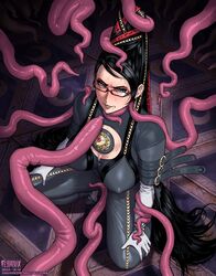 1girls 2020 angry bayonetta bayonetta_(character) beehive_hairdo big_breasts black_hair blush bodysuit breasts cleavage cleavage_cutout clothed_female clothing dubious_consent fellatrix female female_protagonist fully_clothed glasses gloves hands_on_own_thighs imminent_fellatio imminent_oral imminent_tentacle_rape kneeling large_breasts long_hair looking_at_viewer nipple_bulge pink_tentacles restrained sega solo solo_female spread_legs subscribestar swept_bangs tapering_tentacles tentacle tentacle_around_arm tentacle_around_neck tentacles very_long_hair video_games