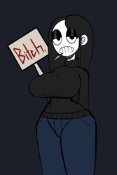 2021 big_breasts black_hair black_sweater cigarette goth jeans jomokin looking_at_viewer sign sweater text unamused veronica_(saltynoodles) white_skin wide_hips