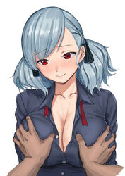 1girls blue_shirt breast_grab busty cleavage grabbing groping huge_breasts kuro_(zhurunbo1997) open_shirt portrait pov red_eyes smile sweat twintails white_background