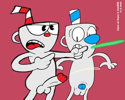 anthro balls bodily_fluids cum cuphead cuphead_(game) duo ejaculation fingers gay genital_fluids genitals humanoid laser male male/male mowub mugman nude penis small_penis straw video_games