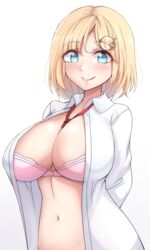 blonde_hair blue_eyes bra female hololive hololive_english hololive_myth large_breasts mistynight open_clothes short_hair virtual_youtuber watson_amelia