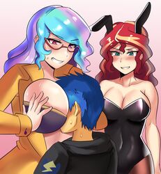 1boy 2girls age_difference aqua_eyes bedroom_eyes between_breasts big_breasts boob_smothering bra breast_smother breast_squish breasts bunny_ears bunnysuit cleavage commission equestria_girls eyewear face_in_breasts flash_sentry friendship_is_magic glasses grin hasbro head_between_breasts hi_res highres huge_breasts imminent_sex imminent_threesome iojknmiojknm large_breasts mature_female motorboating my_little_pony older_woman_and_younger_boy open_clothes open_shirt playboy_bunny princess_celestia_(mlp) principal_and_student principal_celestia smile smothering sunset_shimmer sweat sweatdrop teacher_and_student underwear