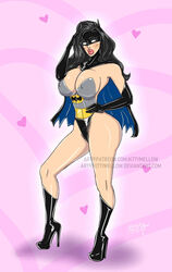 batman batman_(series) big_lips bimbo bimbofication black_hair breasts bruce_wayne cape cleavage dc dc_comics high_heels kittymellow latex latex_boots latex_gloves mask mtf_transformation nipple_bulge nipples rule_63 signature superhero watermark