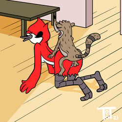 1:1 all_fours animal_humanoid avian avian_humanoid bird brown_body brown_fur cartoon_network doggy_style duo feathers female floor from_behind_position fur humanoid male mammal margaret_smith_(regular_show) on_the_ground oscine passerine procyonid raccoon red_body red_feathers regular_show rigby_(regular_show) robin_(bird) sex straight teot