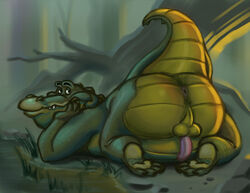 1boy 2021 alligator alligatorid anthro anus ass balls crocodilian detailed_background erect_penis erection fur furry furry_only gay genitals green_body louis_(the_princess_and_the_frog) male male_only outside overweight overweight_male penis reptile scalie solo tagme the_princess_and_the_frog themorghull yaoi