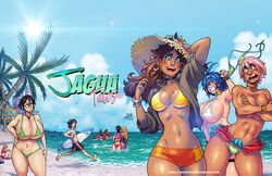 beach bikini bikini_top_removed blue_hair bucky_garcia cassandra_garcia darkereve g-string honey_(darkereve) jagua_tales joana_dolores maya_diva monica_del_rio pink_hair public small_bikini stolen_bikini stolen_swimsuit straw_hat sugar_(darkereve) surfboard tagme topless_female