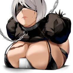 1girls arms_behind_back bakkanki bent_over between_breasts black_dress blindfold bondage breast_press breasts_bigger_than_head chains close-up collar emotionless expressionless femsub huge_breasts leash nier:_automata pod_(nier) short_hair simple_background slave solo string_bikini uncomfortable white_background white_hair yorha_2b