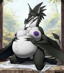 anthro belly big_belly big_breasts breasts dragon european_mythology female front_view genitals hi_res huge_belly kneeling long_snout membrane_(anatomy) membranous_wings mythological_creature mythological_scalie mythology non-mammal_breasts pregnant pregnant_anthro pregnant_female scalie snout solo spade_tail spikes tail tongue tongue_out truegrave9 vulva western_dragon winged_arms wings wyvern zera_stormfire