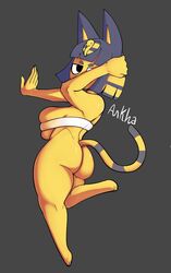 2020 animal_crossing ankha annoyed anthro ass blue_hair breasts cat_ears covered_breasts feline fur furry holding_hair looking_back neilious_dyson neiliousdyson nejtacoz58m8 nintendo simple_background tail yellow_fur