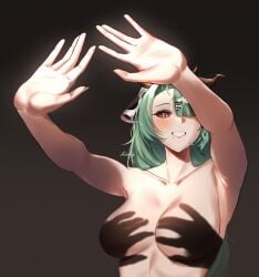 1girls big_breasts cow_ears cow_girl crelly female female_focus female_only green_eyes hands_casting_shadow indie_virtual_youtuber large_breasts light-skinned_female light_skin naked naked_female nude nude_female red_eyes shadow smile virtual_youtuber