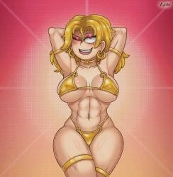 1girls amphibia armpits arms_behind_head big_breasts bikini blonde_hair breasts busty child_bearing_hips cleavage confident disney female female_only gold_bikini golden golden_bikini hi_res kamikamatayan kamisulit large_breasts legs long_hair looking_at_viewer makeup navel one_eye_closed pink_eyes pose posing sasha_waybright sensual sexy sexy_armpits sexy_pose sideboob smile thick_thighs thighs thong_bikini toned voluptuous voluptuous_female