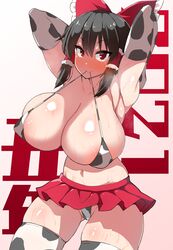 1girls armpits black_hair blush breasts busty cow_print female halcachanel huge_breasts large_breasts red_eyes reimu_hakurei solo tagme thighhighs tight_clothing touhou