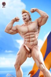 1boy 6_pack balls ballsack bara beach beach_background biceps cock dick erection figure_(medium) flexing flexing_arms fully_naked fully_naked_male fully_nude fully_nude_male hard_penis male male_only mirio_togata muscular muscular_male my_hero_academia nude nude_beach penis solo solo_focus solo_male