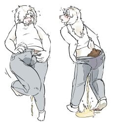 2023 accident ambiguous_anthro ambiguous_gender anthro blush bodily_fluids bottomwear butt canid canine canis clothing denim denim_bottomwear denim_clothing desperation domestic_dog embarrassed feces feces_blowout feces_pile front_view genital_fluids goldenhammer goldie_(goldenhammer) hi_res jeans leaking mammal pants peeing pooping rear_view scat scatplay shirt simple_background soiled soiling soiling_pants solo standing tank_top topwear urine urine_on_self urine_stream watersports wet wet_bottomwear wet_clothing wet_pants wetting wetting_bottomwear white_background