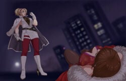 2girls anna_williams autumn_sacura blonde_hair breasts cleavage cleavage_cutout defeated lidia_sobieska tekken tekken_8