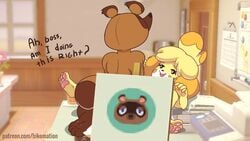 16:9 2d 2d_animation advertisement animal_crossing animated anthro barefoot bikomation black_eyes black_nose blonde_hair blush blush_stickers boss brown_body brown_fur canid canine canis conditional_dnp convenient_censorship domestic_dog duo easel female female_penetrated frame_by_frame fur furniture hair isabelle_(animal_crossing) legs_up lying male male_penetrating male_penetrating_female mammal missionary_position nintendo office office_lady on_back open_mouth pawpads paws penetration photo pink_pawpads procyonid raccoon raccoon_dog raised_finger raised_hand raised_paw sex short_playtime smile speech_bubble straight tanuki tom_nook video_games widescreen window yellow_body yellow_fur