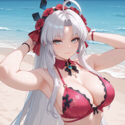1girl 1girls ai_generated beach big_ass big_breasts big_butt big_thighs bikini bikini_bottom bikini_top carlotta_(wuthering_waves) hair hair_ornament kuro_games milku_ai perfect_body perfect_boobs perfect_legs pose posing posing_for_the_viewer sexy sexy_body sexy_female silver_eyes silver_hair skinny slim slim_waist white_hair wuthering_waves