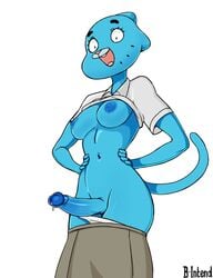 2020 anthro b-intend blue_body blue_fur blue_nipples bodily_fluids bottomwear breasts cartoon_network clothed clothing digital_media_(artwork) domestic_cat erection felid feline felis foreskin fur futa_only futanari genital_fluids genitals glans gynomorph hands_on_hips hi_res humanoid_genitalia humanoid_penis intersex lowered_panties mammal navel nicole_watterson nipples partially_clothed penis pleated_skirt precum raised_clothing raised_shirt raised_topwear retracted_foreskin shirt simple_background skirt solo the_amazing_world_of_gumball topwear uncut white_background