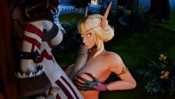 blood_elf blonde_hair yellow_eyes wow world_of_warcraft liania 3d 3d_(artwork) elf elf_ears elf_female elf_girl blizzard_entertainment dethel_everfall rainbowviral boobjob kissing_penis jewelry outside