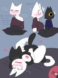 2026 animal_ears animated areola bed bedding big_breasts black_bedding black_body black_fur black_penis blue_background blue_clothing blue_shirt blue_speech_bubble blue_topwear blush blush_lines blushing_profusely bodily_fluids breasts brown_clothing brown_shirt brown_topwear cat_tail cheek_tuft clothed clothing dripping duo erection eyes_closed facial_tuft felid feline female flying_sweatdrops front_view fur furniture genitals heart_reaction in_heat just_woke_up leg_wrap male male/female male_on_top mammal motion_lines multiple_scenes neck_tuft nipples nude on_bed on_top onomatopoeia open_mouth oversized_clothing oversized_shirt oversized_topwear paws penetration penis pink_areola pink_nipples saliva saliva_drip saliva_on_face sex shirt side_view simple_background snazzle_snapp sound_effects speech_bubble steamy_breath surprised sweat sweatdrop sweaty_body sweaty_face text topwear tuft under_covers vaginal vaginal_penetration white_body white_fur x-ray_view yellow_sclera