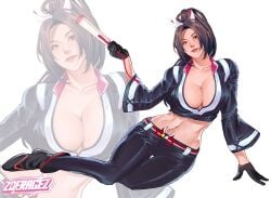 1girl arm_support artist_name beautiful_woman big_breasts black_gloves black_jacket black_pants breasts brown_hair capcom cleavage collarbone commentary cropped_jacket fan fatal_fury fatal_fury:_city_of_the_wolves folding_fan full_body gloves hair_ornament hand_fan high_ponytail holding holding_fan huge_breasts jacket large_breasts leather leather_jacket leather_pants long_hair looking_at_viewer mai_shiranui mai_shiranui_(city_of_the_wolves) mature_woman midriff motoyui navel no_bra official_alternate_costume pants parted_bangs partially_unzipped ponytail shiranui_mai sitting snk solo stomach street_fighter street_fighter_6 yokozuwari zoeragez