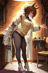 agnes_tachyon_(umamusume) umamusume 1girl animal_ears horse_ears horse_girl pantyhose solo tail horse_tail lab_coat ahoge brown_hair high_heels black_pantyhose breasts red_eyes full_body long_sleeves test_tube white_footwear boots necktie sweater standing sleeves_past_wrists white_coat coat shirt high_heel_boots indoors yellow_sweater open_clothes short_hair medium_breasts collared_shirt sleeves_past_fingers twitter_username artist_name blush candle open_coat hair_between_eyes earrings single_earring black_shirt looking_at_viewer jewelry black_necktie smile closed_mouth medium_hair chemistry cleavage messy_hair tile_floor holding_test_tube off_shoulder short_necktie tiles no_pants ankle_boots table leaning_forward erlenmeyer_flask hand_in_pocket looking_to_the_side mionety ai_generated