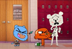 adobe_photoshop_(artwork) anthro aquatic bear blue_body blue_fur blush blush_lines cartoon_network clothed clothing darwin_watterson digital_drawing_(artwork) digital_media_(artwork) domestic_cat drawing_on_body felid feline felis female fish fur gesture group gumball_watterson hand_gesture hand_on_mouth kneeling laugh laughing_at_another lenc male male/female mammal mixed_media one_eye_closed open_mouth orange_body paper paper_creature pencil_(object) penis_drawing pointing school shocked teri_(tawog) the_amazing_world_of_gumball tongue tongue_out trio white_body