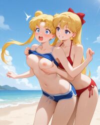 2girls ai_generated assisted_exposure beach bikini bikini_pull bishoujo_senshi_sailor_moon blonde_hair blue_eyes embarrassed female female_only groping_breasts lesbian long_hair minako_aino nipples psul ribbon self_upload surprised_expression usagi_tsukino yuri