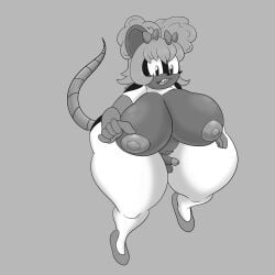 absurd_res accessory andromorph anthro big_breasts big_butt bow_ribbon breasts butt clothing curly_hair footwear genitals gloves hair hair_accessory hair_bow hair_ribbon handwear hi_res intersex mammal mouse murid murine nipples penis rat ribbons rodent rougethedaisy shoes solo wide_hips