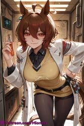 agnes_tachyon_(umamusume) umamusume 1girl animal_ears horse_ears horse_girl pantyhose lab_coat tail solo horse_tail ahoge brown_hair red_eyes smile test_tube holding looking_at_viewer necktie breasts hair_between_eyes hand_on_own_hip black_pantyhose holding_test_tube shirt black_shirt long_sleeves sweater earrings black_necktie yellow_sweater jewelry belt collared_shirt white_coat coat open_clothes single_earring indoors leaning_forward doorway artist_name closed_mouth sweater_vest black_belt stethoscope medium_breasts open_coat short_hair medium_hair yellow_sweater_vest pov_doorway twitter_username standing short_necktie large_breasts messy_hair patreon_username cowboy_shot hand_up door vial web_address pen mionety ai_generated