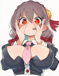1female 1girls arbadel areolae big_breasts blush blush_lines blushing blushing_ears blushing_profusely breasts brown_hair busty buttons cleavage closed_mouth ear_blush embarrassed embarrassed_female female female_focus female_only flushed_face flustered hands_on_face headgear kono_subarashii_sekai_ni_shukufuku_wo! konosuba large_breasts long_hair long_sleeves looking_at_viewer open_clothes open_shirt red_eyes simple_background solid_color_background solo solo_female solo_focus tie tight_clothing white_background yunyun_(konosuba)