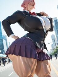 a_girl_from_my_school_(show) ai_generated bangs_hair big_boobs breasts_bigger_than_head collared_shirt comission dandadan danimon generated giant_ass huge_woman jacket, mature_female medium_breasts muscular_legs muscular_thighs patreon pink_eyes pink_hair reportgg shiratori_aira_(dandadan) shirt short_hair small_waist white_shirt wide_hips