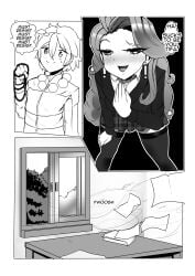 comic leaning_forward long_hair looking_at_viewer lugame monstralgam prayer_beads school_uniform smug smug_expression smug_eyes smug_face smug_grin smug_smile stacey_(lugame) wind window yuki_(lugame)