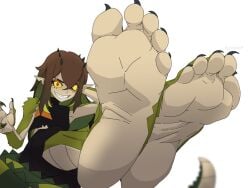 1girls absurdres barefoot beastiez black_toenails brown_hair chucksmd countershade_feet crocodile_girl crocodile_tail crocodilian cute_female_feet feet female_focus female_only foot_fetish foot_focus foot_play foot_tease foot_worship highlighted_soles highres indie_virtual_youtuber indie_vtuber kairyu_crocodile long_toenails looking_at_viewer pointy_ears presenting_feet red_eyes scales sexy_feet sharp_nails sharp_teeth sharp_toenails showing_feet smiling_at_viewer soles soles_fetish solo_female toes two_tone_feet virtual_youtuber vtuber white_background youtube youtuber