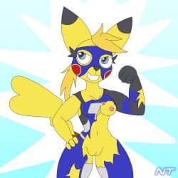 anthro blue_eyes breasts clothed clothing eyelashes fan_character female flexing generation_1_pokemon genitals hair hi_res mask ninjatreecko nintendo partially_clothed pikachu pokemon pokemon_(species) pokemorph ponytail raising_arm smile solo sports_mask sportswear tagme torn_clothing vulva wrestler wrestling_gear wrestling_mask yellow_body