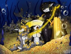 2026 aquatic bdsm bondage bound chain chair coin drone ejaculation female fish furniture gold_(metal) gold_coin hi_res hypnosis hypnotic_visor intersex kneeling magic mind_control null_bulge open_mouth pile_of_gold riggedreded shark shark_tail throne underwater water