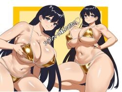 arato_nagi crimsomxmuse curvy female female_only gold_bikini golden_week grabbing_own_breast huge_breasts japanese_text multiple_views one_leg_up pulling_bikini_string ruri_no_houseki seductive smile text thick_thighs wide_hips