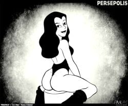 1girls 2010 2010s alternate_version_available ass back_view beauty_mark black_and_white black_hair esenkas female female_only leotard looking_at_viewer looking_back marjane_satrapi monochrome persepolis png sitting smiling solo solo_female tagme