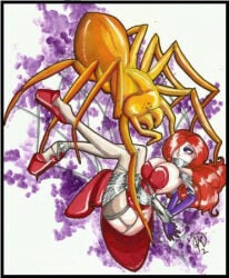big_breasts bondage gag green_eyes hair_over_one_eye jessica_rabbit purple_gloves red_dress red_hair spider spiderweb theladyj webbed white_skin