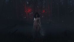 koelet3d 3d cd_projekt_red the_witcher_(series) the_witcher_3:_wild_hunt yennefer black_hair female light_skin light-skinned_female solo solo_female nude completely_nude outdoors forest night breasts nipples 1girls possession possessed red_eyes pussy pubic_hair looking_at_viewer bathing wet_body