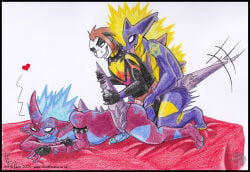 2021 3_toes amped_toxtricity anal anarchy_symbol anthro armband bed bed_sheet bedding black_body blue_body blue_eyes body_spikes brown_hair butt collar colored_pencil_(artwork) countershade_face countershade_neck countershading dated ear_piercing ear_ring eyebrow_piercing facial_piercing feet female furniture generation_8_pokemon genital_piercing genitals group group_sex hair heart_symbol licking low_key_toxtricity male male/female markings multicolored_body nintendo one_fang penis penis_piercing piercing pink_tongue pokemon pokemon_(species) purple_body red_body ring_piercing scales sex sex_toy silvolf smile spiked_armband spiked_collar spikes strapon strapon_sex text threesome toes tongue tongue_piercing toxtricity toying_partner traditional_media_(artwork) trio url vein veiny_penis ventral_scales yellow_body