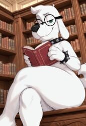 1boy 20th_century_fox 20th_century_studios ai_generated anthro big_thighs black_claws black_nails book bottom_heavy bottom_heavy_male bullwinkle_studios canine crossed_legs crossed_legs_(sitting) curves curvy curvy_body curvy_figure curvy_hips curvy_male curvy_thighs dog dreamworks dreamworks_animation femboy from_below furry furry_male gay gay_boy gay_male glasses green_eyes hi_res high_res high_resolution highres holding holding_book jay_ward_productions kovasfox large_thighs library male mr._peabody mr._peabody_&_sherman nude pacific_data_images reading reading_book rocky_and_bullwinkle seductive seductive_body sitting smirk smug solo solo_anthro solo_focus solo_furry solo_male spiked_bracelet spiked_collar suggestive tail thick thick_boy thick_male thick_thighs thighs voluptuous voluptuous_male white_fur wide_hipped_male wide_hips