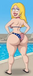 ai_assisted ai_generated american_dad american_flag_bikini bbl big_ass big_breasts blonde_hair durk_boofer ear_piercing eye_makeup fat_ass female francine_smith looking_at_viewer looking_back lounge_chair muscular pool slippers thick_thighs