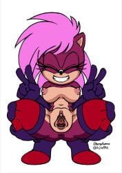 aku_tojyo anus closed_eyes colorized female female_only functionally_nude naked_footwear pink_hair purple_fur pussy smiling solo sonia_the_hedgehog sonic_(series) sonic_the_hedgehog_(series) sonic_underground spread_legs squatting third-party_edit tojyo