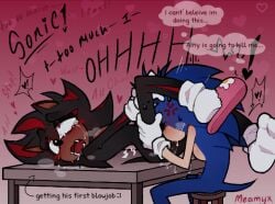 anthro arched_back balls bodily_fluids clothing cum dialogue drooling duo eulipotyphlan fellatio first_oral first_time footwear gay gay_male genital_fluids genitals handwear handwear_and_footwear_only hedgehog hi_res male male/male mammal meamyx oral penile saliva sega sex shadow_the_hedgehog shoes slippers socks sonadow sonic_(series) sonic_the_hedgehog sonic_the_hedgehog_(series) tears thought_bubble white_clothing white_footwear white_socks yaoi
