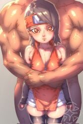 amphyshira sarada_uchiha smaller_female petite muscular_male naruto_(series) naruto naruto_shippuden boruto:_naruto_next_generations sharingan booty_shorts wrapping_around arms_around_partner