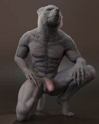 3d_(artwork) 5_toes abs anthro balls biceps blaidd_(elden_ring) canid canine canis digital_media_(artwork) elden_ring erection feet fingers foreskin fromsoftware fur genitals grey_body hi_res humanoid_feet humanoid_genitalia humanoid_penis male mammal muscular muscular_anthro muscular_male narrowed_eyes no-name-no-problem nude partially_retracted_foreskin pecs penis plantigrade realistic_fur simple_background solo tail toes wolf